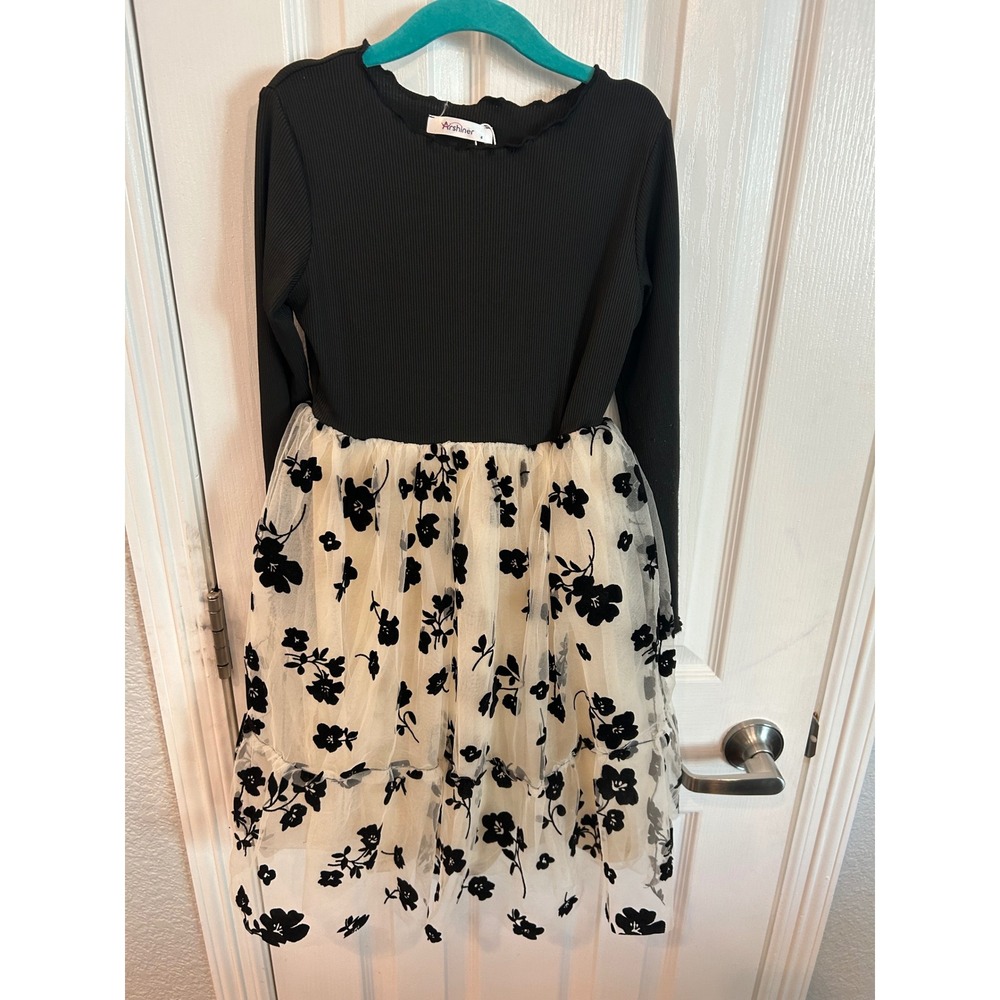 Arshiner Dress Black Ribbed Long Sleeve Floral Tulle Skirt Party Kids Size 6